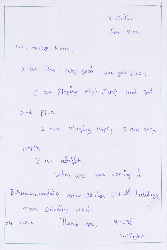 letter from sindhu to Hans